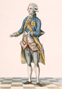 Herceg az udvarban látható ünnepi öltözékében, Dupin metszetében, a „Galeries des Modes et Costumes Francais” táblája, 1778-87 körül